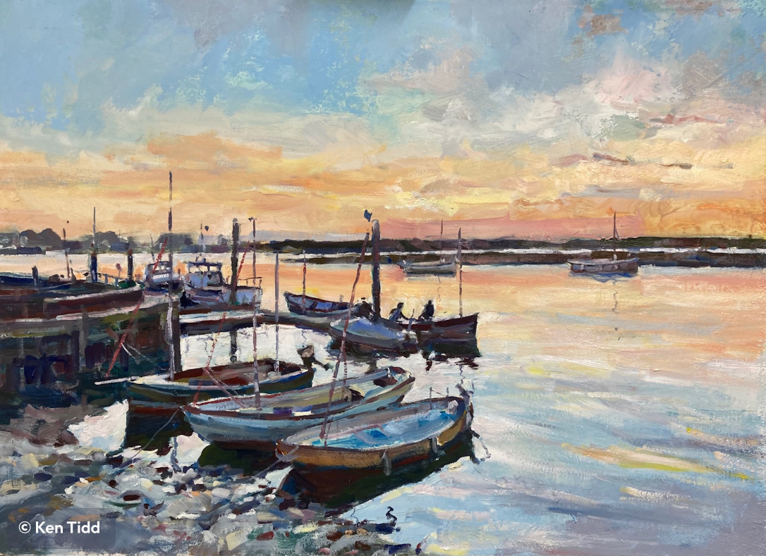 Sunset over the quay, Wells next Sea.  Oil on board